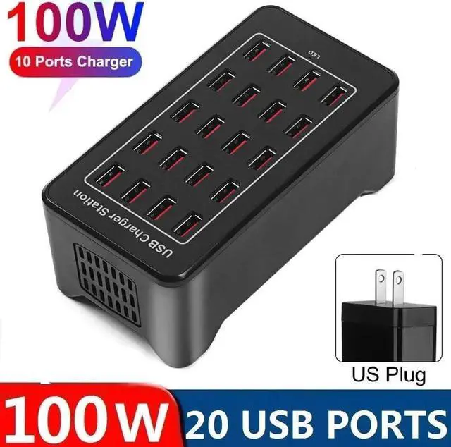 Main image of 20-Port 100 watt (20 A) USB Charging Station, Home Desktop USB Fast Charger, Multiple USB Desktop Chargers, Suitable for Hotels, Shops - Black