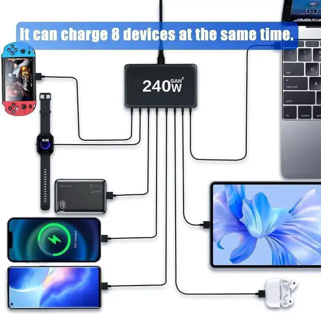 Alt view image 6 of 7 - 240W USB Type C Charging Station Hub, 8 Port USB Desk Charger, 240 Watt GaN Fast Charger with Charger Power Strip Replaceable Plug Compatible for All Phones and Tablets