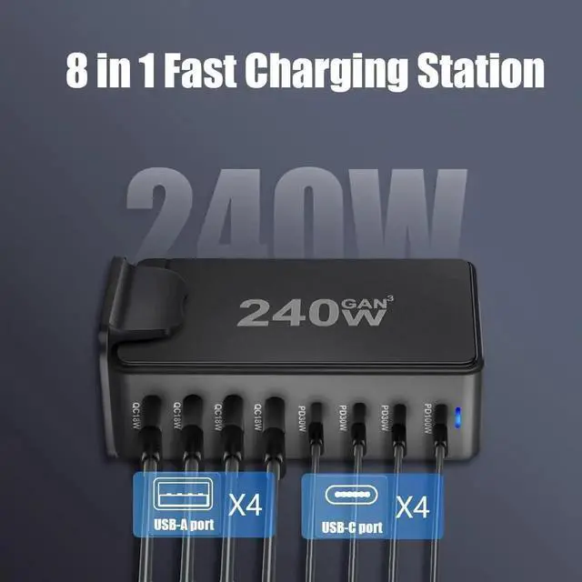 Alt view image 7 of 7 - 240W USB Type C Charging Station Hub, 8 Port USB Desk Charger, 240 Watt GaN Fast Charger with Charger Power Strip Replaceable Plug Compatible for All Phones and Tablets