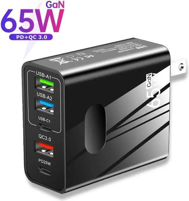 Main image of USB C Charger 65W PD 3.0 GaN Charger Type C Adapter with 5-Port Fast Wall Charger Compatible for iPhone 14 Pro Max/14 Plus/13, MacBook Pro, iPad Pro, Switch, Galaxy S22/S21- Black