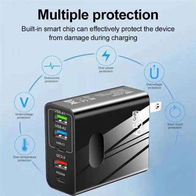 Alt view image 3 of 7 - USB C Charger 65W PD 3.0 GaN Charger Type C Adapter with 5-Port Fast Wall Charger Compatible for iPhone 14 Pro Max/14 Plus/13, MacBook Pro, iPad Pro, Switch, Galaxy S22/S21- Black