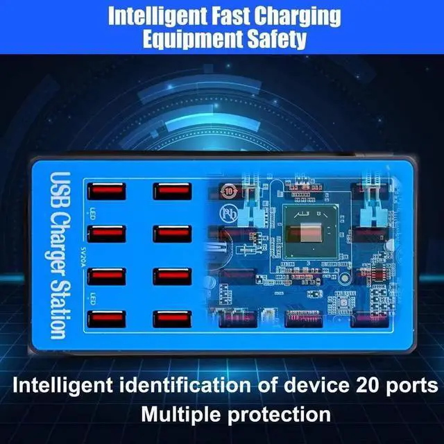 Alt view image 2 of 7 - 20-Port 100 watt (20 A) USB Charging Station, Home Desktop USB Fast Charger, Multiple USB Desktop Chargers, Suitable for Hotels, Shops