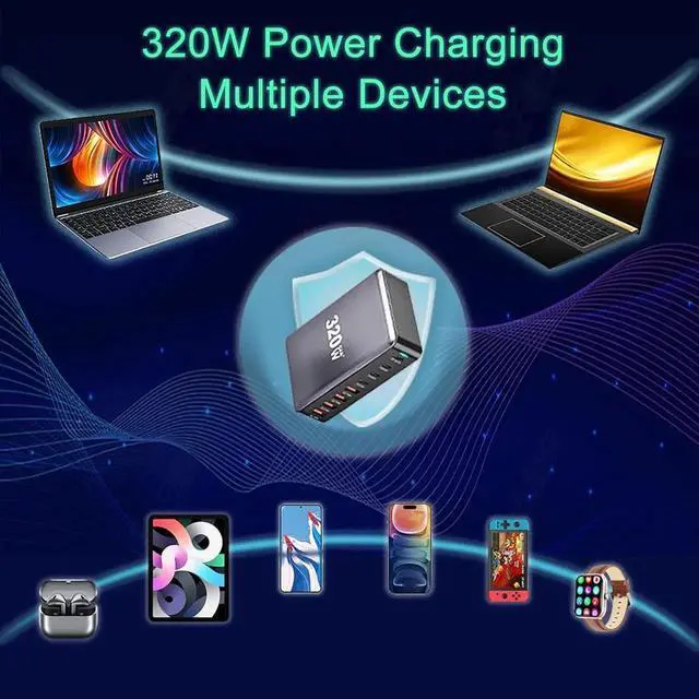 Alt view image 3 of 7 - 8-Prots USB C Charger 320W Portable Charger USB Type-C Charger Compact GaN III Fast Charger USB C Fast Charging Block for MacBook Pro/Air, iPad Pro, iPhone 16 15 14 Pro