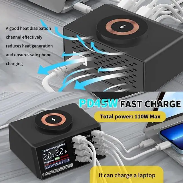 Alt view image 4 of 7 - 110W Multi USB Charging Station Fast Wireless Charger QC3.0 PD PPS Quick Charge for IPhone 14 Max Xiaomi Samsung HuaWei Laptop