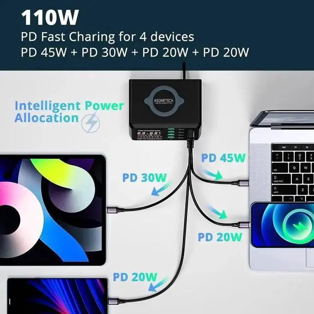 Alt view image 7 of 7 - 110W Multiport USB Fast Charging Station 8 Port Travel/Portable Charger Hub USB C Charger Block with 4 USB C & QC 4 USB A and Wireless Charging for Cell Phone, Tablet, Multiple Devices