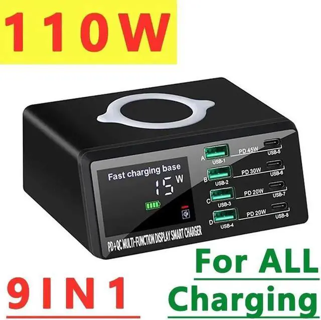 Main image of 110W Multiport USB Fast Charging Station 8 Port Travel/Portable Charger Hub USB C Charger Block with 4 USB C & QC 4 USB A and Wireless Charging for Cell Phone, Tablet, Multiple Devices