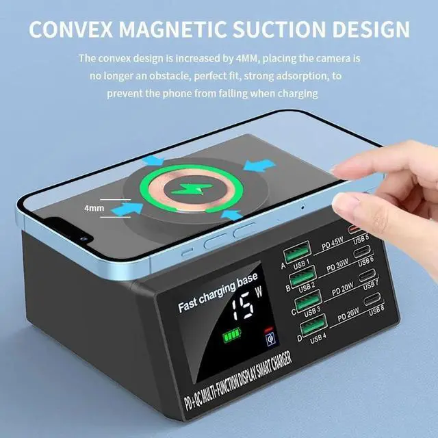 Alt view image 5 of 7 - 8-port 110W USB Charger Station with Wireless Charging, Desktop Fast Charging Station with LCD Digital Diaplay, Multi-Port 4USB +4PD Faster Charger, for Cell Phone, Tablet