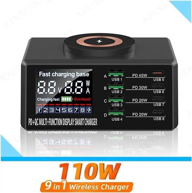 Main image of 8-port 110W USB Charger Station with Wireless Charging, Desktop Fast Charging Station with LCD Digital Diaplay, Multi-Port 4USB +4PD Faster Charger, for Cell Phone, Tablet