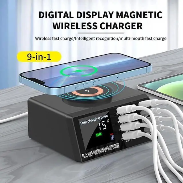 Alt view image 2 of 7 - 8-port 110W USB Charger Station with Wireless Charging, Desktop Fast Charging Station with LCD Digital Diaplay, Multi-Port 4USB +4PD Faster Charger, for Cell Phone, Tablet