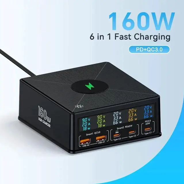 Main image of 160W 5-Port GaN USB Charging Station for Multiple Devices, 3 USB C & QC 2 USB A and Wireless Charging, USB C Fast Charging Dock Compatible with MacBook Phones iPad Kindle Tablets