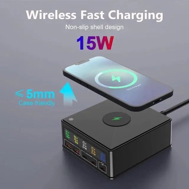 Alt view image 6 of 7 - 160W GaN USB C Charging Station with Wireless Charging , 5-Port USB Charger Charging Hub Power Port for Multiple Devices with PD3.0 and QC3.0 Fast Charging Power Stock Statio