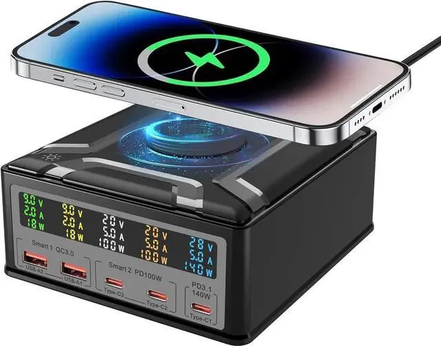 Main image of 260W GaN USB C Charging Station with Wireless Charging , 5-Port USB Charger Charging Hub Power Port for Multiple Devices with PD3.1 and QC3.0 Fast Charging Power Stock Statio