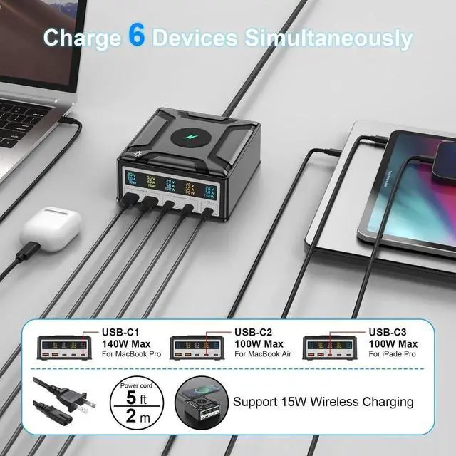 Alt view image 4 of 7 - 260W GaN USB C Charging Station with Wireless Charging , 5-Port USB Charger Charging Hub Power Port for Multiple Devices with PD3.1 and QC3.0 Fast Charging Power Stock Statio