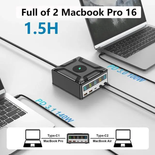 Alt view image 3 of 7 - 260W GaN USB C Charging Station with Wireless Charging , 5-Port USB Charger Charging Hub Power Port for Multiple Devices with PD3.1 and QC3.0 Fast Charging Power Stock Statio