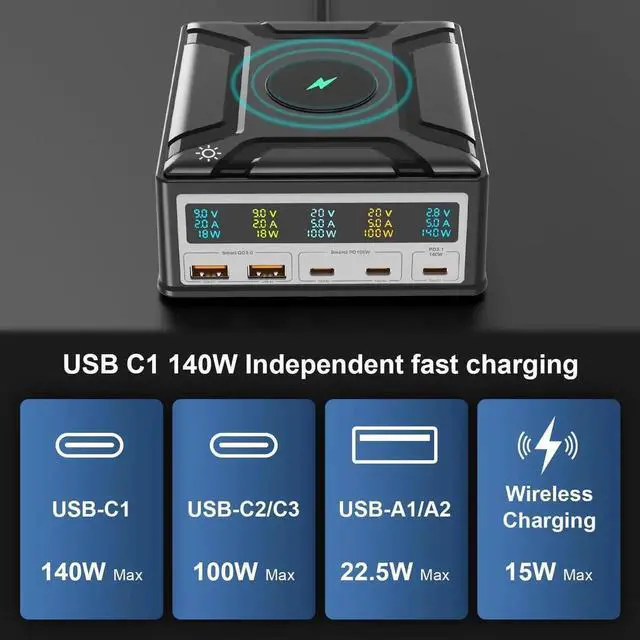 Alt view image 2 of 7 - 260W GaN USB Charger 5 Ports Fast Charging Station with Wireless Charging Charger Desktop Adapter Support PD3.1 /PPS 140W /QC5 for MacBook, Laptops,Tablets,Phones