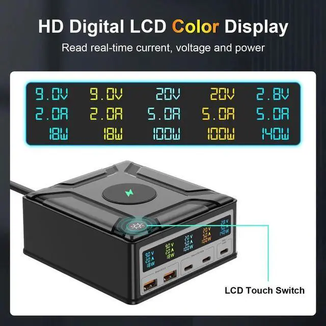Alt view image 3 of 7 - 260W GaN USB Charger 5 Ports Fast Charging Station with Wireless Charging Charger Desktop Adapter Support PD3.1 /PPS 140W /QC5 for MacBook, Laptops,Tablets,Phones