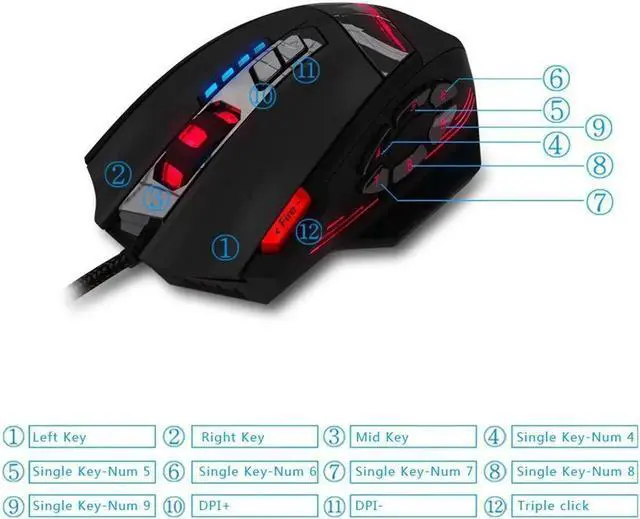 Alt view image 2 of 7 - Zelotes 12 Programmable Buttons MMO Gaming Mouse,8 Adjustable Weights,4000 DPI (Up to 8000DPI by the Software),Multi-Modes LED lights USB Wired Mice for Gamer,PC,Laptop,Computer,Black