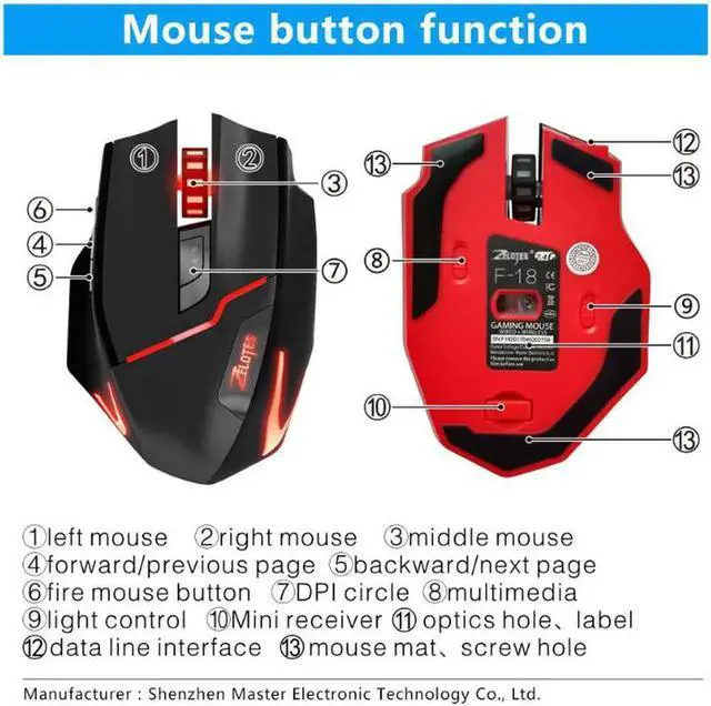 Alt view image 7 of 7 - Zelotes F-18 3200 DPI RGB Wired/Wireless Gaming Mouse RGB Spectrum Backlit Ergonomic Mouse Griffin 7 Buttons with RGB Backlight Modes up to 3200 DPI for Windows PC Gamers (Black)
