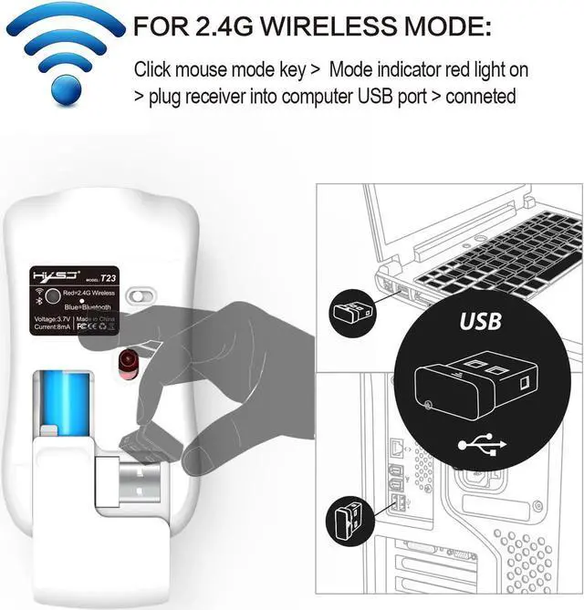 Alt view image 5 of 7 - HXSJ Wireless Gaming Mouse, Unique Silent Click, Bluetooth + 2.4 G wireless Mice, 1600DPI for PC Computer Laptop Office - White