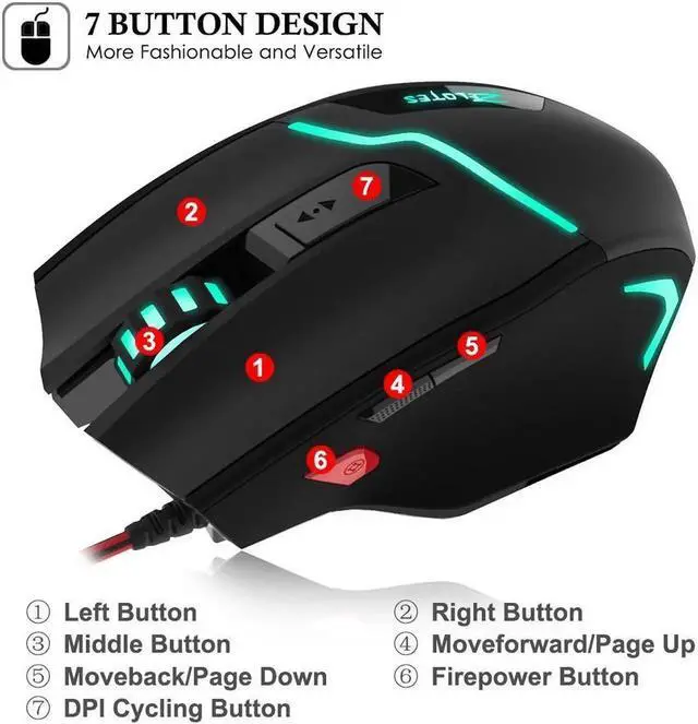 Alt view image 7 of 7 - Zelotes T10 Professional 7200 DPI High Precision USB Wired Gaming Mouse mice for PC Mac Computer Laptop,7 Buttons,Multi-Modes LED Lights(White)