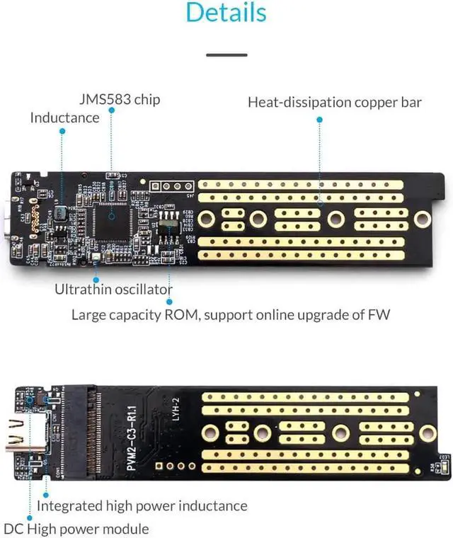 Alt view image 6 of 6 - USB3.1 Type-C to NVMe M.2 Mobile Hard Disk Box 10Gbps M.2 SSD Enclosure M-Key External Case Upgrade Version with USB3.1 Type-A to Type-C & Type-C to Type-C Cable (Black)