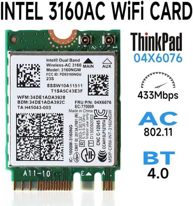 Main image of Dual Band Wireless-AC 3160 802.11a/b/g/n/ac + BT 4.0 WiFi Card For Lenov-o Y40, Y50, E10-30 , Y70,FRU 04X6034 04X6076