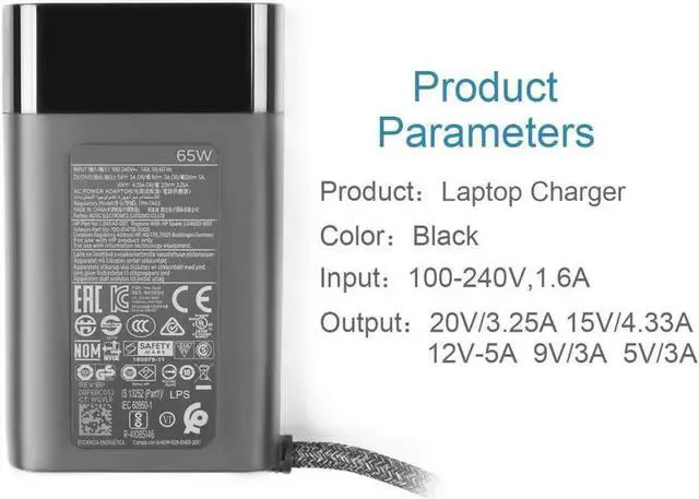Alt view image 3 of 3 - 65W USB-C Charger fit for L04650-850 TPN-LA12 HP Spectre 13 x360 2019 13-AP Folio 13-ak0000 Elite x2 1013 G3