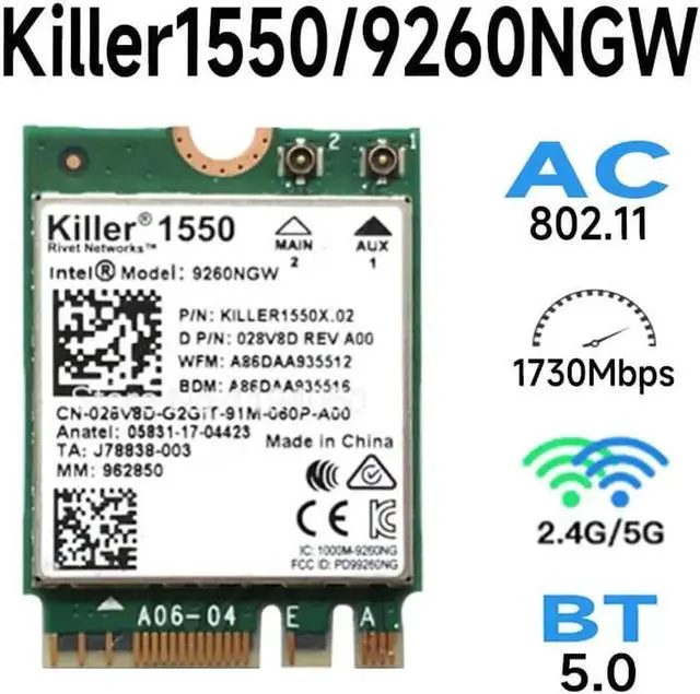 Main image of For Killer 1550 intel 9260 9260NGW NGFF 1730 Mbps WiFi + Bluetooth 5.0 802.11ac Card