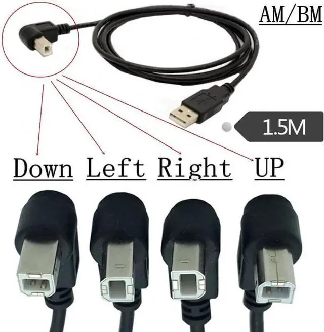 Main image of USB 2.0 A Male to USB B Male Type B BM Up&Down&Right & Left Angle Printer scanner 90 degree cable 150cm BM Angled Cable