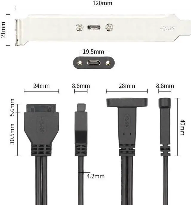 Alt view image 4 of 5 - 50cm USB 3.0 20 Pin Motherboard Header to USB Type C Female Cable with Bracket