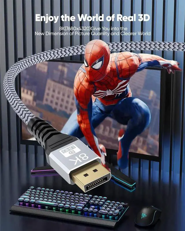 Alt view image 2 of 7 - 8K DisplayPort Cable 8FT DP Cable Display Port to Display Port 1.4 8 Feet (8K@60Hz 4K@144Hz 2K@240Hz 32.4Gbps Dynamic HDR 3D HDCP2.2) for Monitor Graphics Card PC Laptop