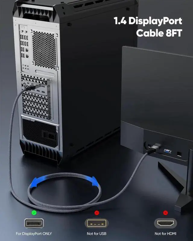 Alt view image 5 of 7 - 8K DisplayPort Cable 8FT DP Cable Display Port to Display Port 1.4 8 Feet (8K@60Hz 4K@144Hz 2K@240Hz 32.4Gbps Dynamic HDR 3D HDCP2.2) for Monitor Graphics Card PC Laptop