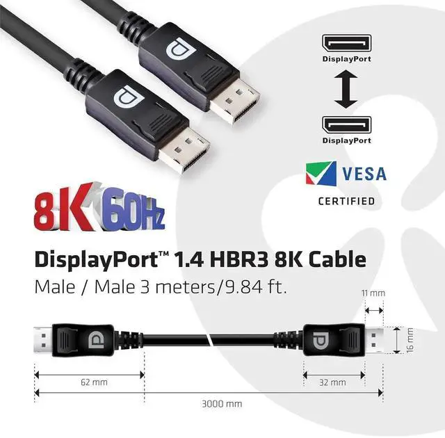 Alt view image 6 of 7 - Club3D CAC-1060 Certified DisplayPort to DisplayPort 1.4/Hbr3 M/M Cable DP 1.4 8K 60Hz 3m- 9.84ft