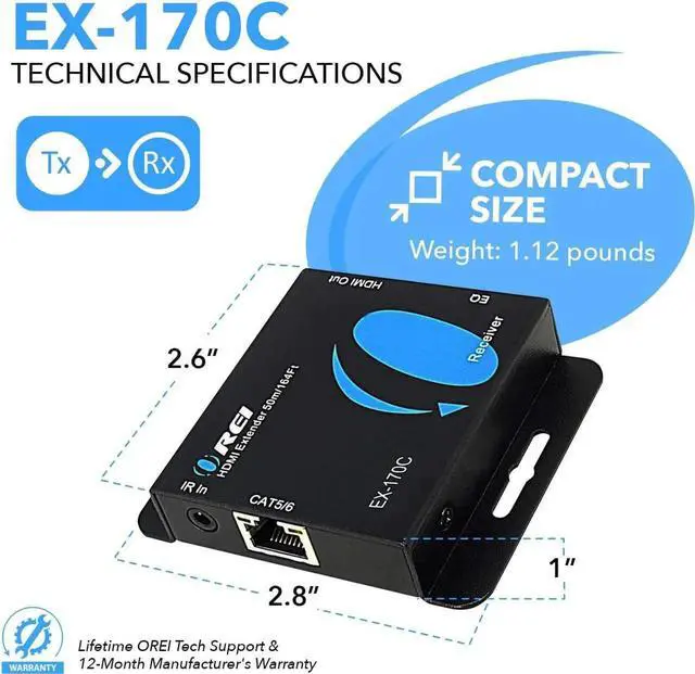 Alt view image 4 of 7 - 4K HDMI over Ethernet Extender Over CAT5/CAT6/CAT7 with IR Upto 164 Feet - Loop Out - 4K @ 30Hz 1080P Full HD Signal Distribution (EX-170C)