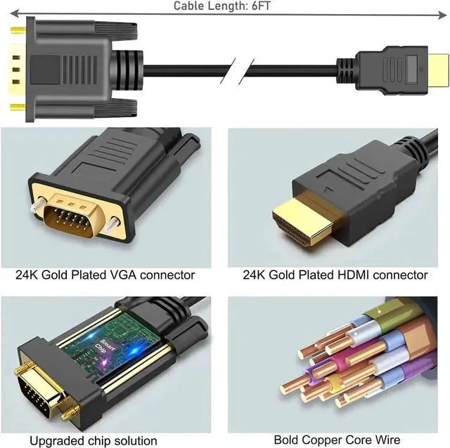 Alt view image 6 of 7 - HDMI to VGA 6FT Gold-Plated HDMI to VGA Cable (Male to Male) Compatible for Computer Desktop Laptop PC Monitor Projector HDTV Raspberry Pi Xbox and More (1)