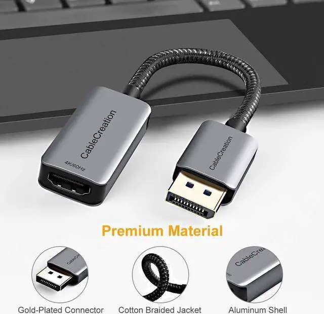 Main image of Active DP to HDMI Adapter HDR 4K@60Hz 2K@144Hz 1080P@144Hz Braided DisplayPort 1.4 to HDMI 4K Converter (Male to Female) Support Eyefinity Multi-Display Aluminum