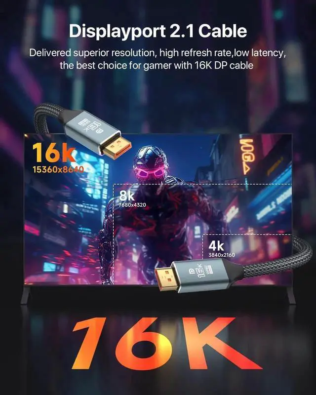 Alt view image 6 of 7 - 10FT DisplayPort 2.1 Cable 16K@60Hz 8K@120Hz 4K@240Hz 80Gbps Compatible with FreeSync G-Sync HDR10 HDCP 3D Gaming Monitor TV PC