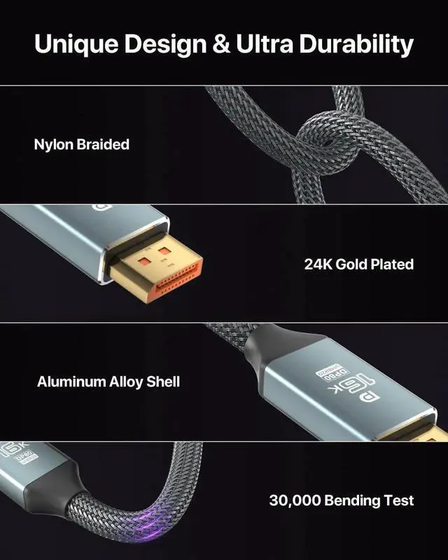 Alt view image 4 of 7 - 10FT DisplayPort 2.1 Cable 16K@60Hz 8K@120Hz 4K@240Hz 80Gbps Compatible with FreeSync G-Sync HDR10 HDCP 3D Gaming Monitor TV PC
