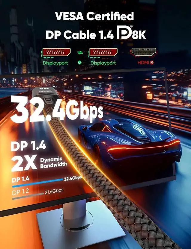 Alt view image 4 of 7 - 8K 4K DisplayPort Cable 1.4 10FT DP Cord ( Certified 8K@60Hz 4K@144Hz 2K@240Hz/165Hz) 32.4Gbps High Speed Display Port Cable for Gaming Monitor HDR/FreeSync/G-Sync Braided Black