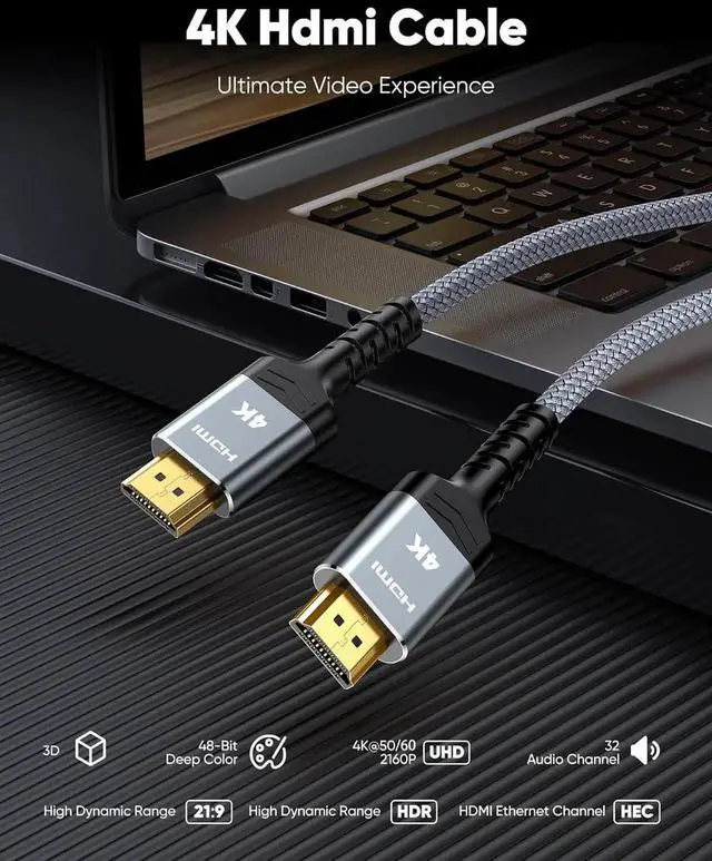 Alt view image 4 of 7 - 4K HDMI 2.0 Cable 6.6FT/2m - 4K@60Hz HDR Braided HDMI Cord 18Gbps High Speed with Ethernet/ARC 3D HDCP 2.2 ARC Compatible for PS-5/4/3/4K HDTV/Monitor/Projector/Streaming Media
