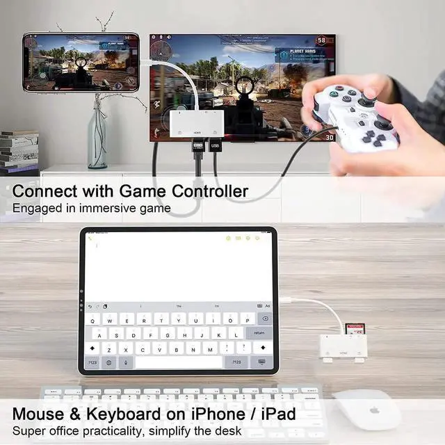 Alt view image 4 of 6 - Lightning to HDMI Adapter for iPhone 6 in 1 TF & SD Card Reader with Charging Port HDMI Adapter to TV /Monitor/Projector/USB Drive/MIDI /Keyboard/Mouse Suitable for Meeting Speech and Teaching