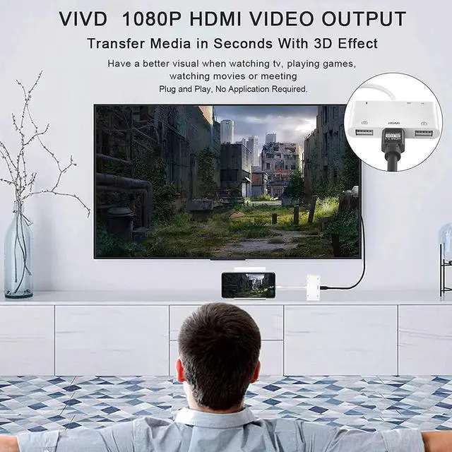 Alt view image 5 of 6 - Lightning to HDMI Adapter for iPhone 6 in 1 TF & SD Card Reader with Charging Port HDMI Adapter to TV /Monitor/Projector/USB Drive/MIDI /Keyboard/Mouse Suitable for Meeting Speech and Teaching