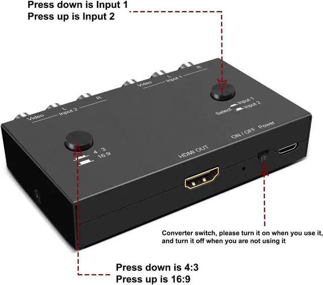 Alt view image 3 of 5 - 2 RCA to HDMI, 1080P 2 Way RCA Composite CVBS AV Switch to HDMI Video Audio Converter Adapter Supporting 4:3/16:9, for PC Laptop Xbox PS2 PS3 N64 NGC SNES WII VHS VCR Camera DVD