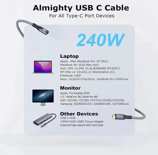 Alt view image 7 of 7 - 20Gbps USB C 3.2 Extension Cable, USBC 3.2 Gen2 Type-c Male to Female Extender Cable Ultra HD 4K@60Hz 240W Charging 20Gbps Data Transfer Compatible with External SSD eGPU 3.3ft