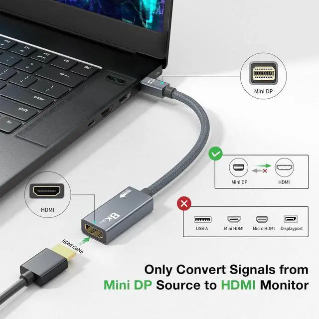 Alt view image 7 of 7 - 8K Mini DisplayPort to HDMI Adapter, Mini DP Male to HDMI 2.1 Female Converter Cable, Support 8K@60Hz, 4K@120Hz, 2K@240Hz, HDR, FreeSync, VRR for Thunderbolt 2, iMac, Surface Pro, Monitor, Graphics