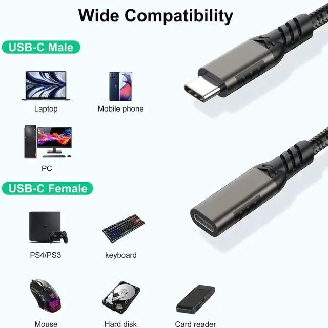 Alt view image 2 of 5 - USB C Extension Cable 3.3FT 5-Pack, Type-C Male to Female Cord, [USB 3.2 Gen2/10Gbps] 100W/5A Fast Charging 4K@60Hz Video USB C Cable for Carplay MacBook,Laptop,Tablet,Mobile Phone and More