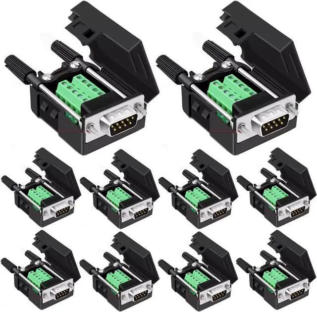 Main image of Willwewon 10PCS DB9 Male Solderless Breakout Connector, RS232 D-SUB DB9 Serial to 9Pin Port Terminal Block with Case Long Bolts Tail Pipe
