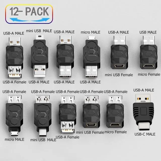 Alt view image 7 of 7 - USB 2.0 Adapter Set USB/Type C/Micro/Mini Male to Female Converter Connector (12 pcs)