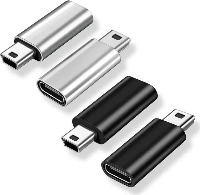 Main image of Mini USB 2.0 to USB C Adapter (4 Pack) USB Type C Female to Mini USB Male Converter Connector for Digital Camera MP3 Players Dash Cam GPS Receiver and More (Black+Silver)