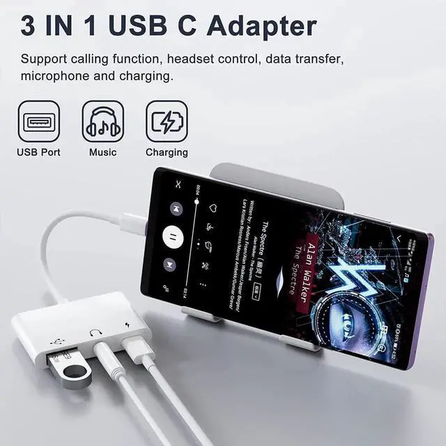 Alt view image 2 of 7 - USB C to USB Adapter 3 in 1 USB C to USB A OTG Adapter with 3.5mm Headphone Audio Jack and Fast Charging Port USB-C Splitter Compatible with Most Type-C Phones Laptops iPad Pro iPhone 15
